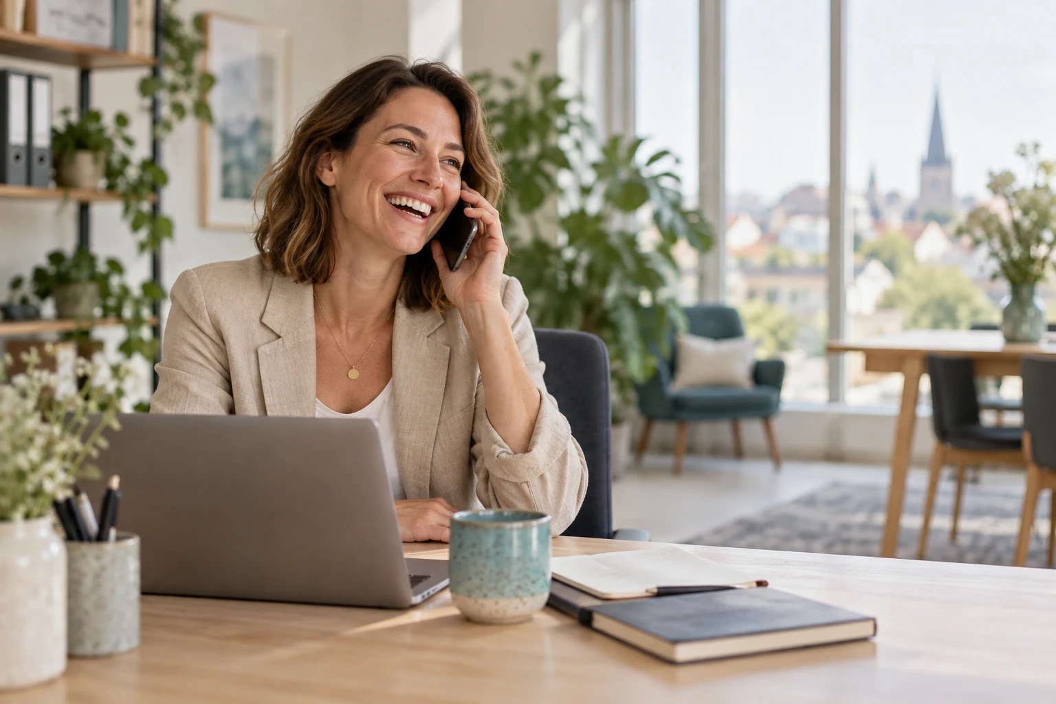 Lächelnde Mitarbeiterin telefoniert im Büro mit dem Smartphone