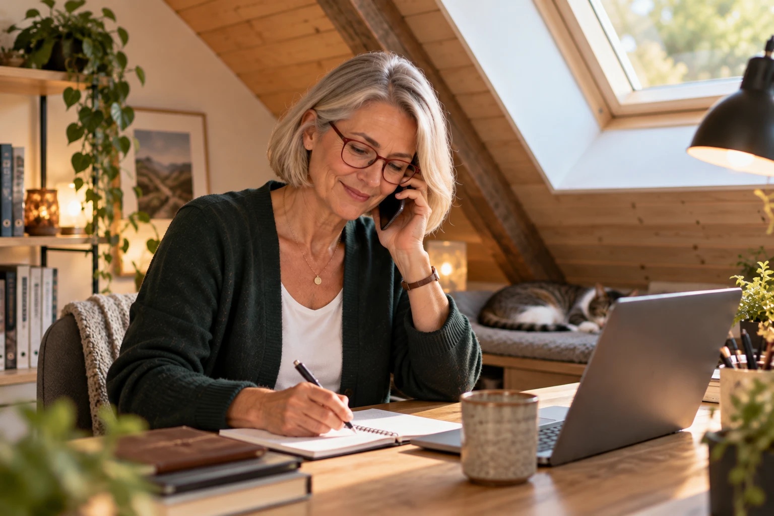 Frau telefoniert im gemütlichen Homeoffice unter dem Dach und macht sich Notizen