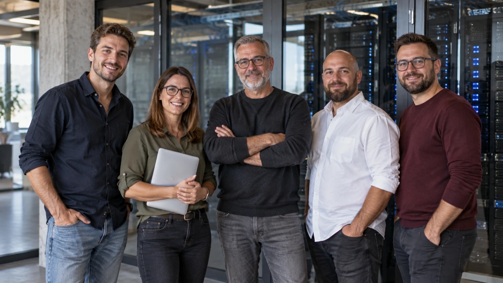 Team eines IT-Dienstleisters steht vor einem Serverraum